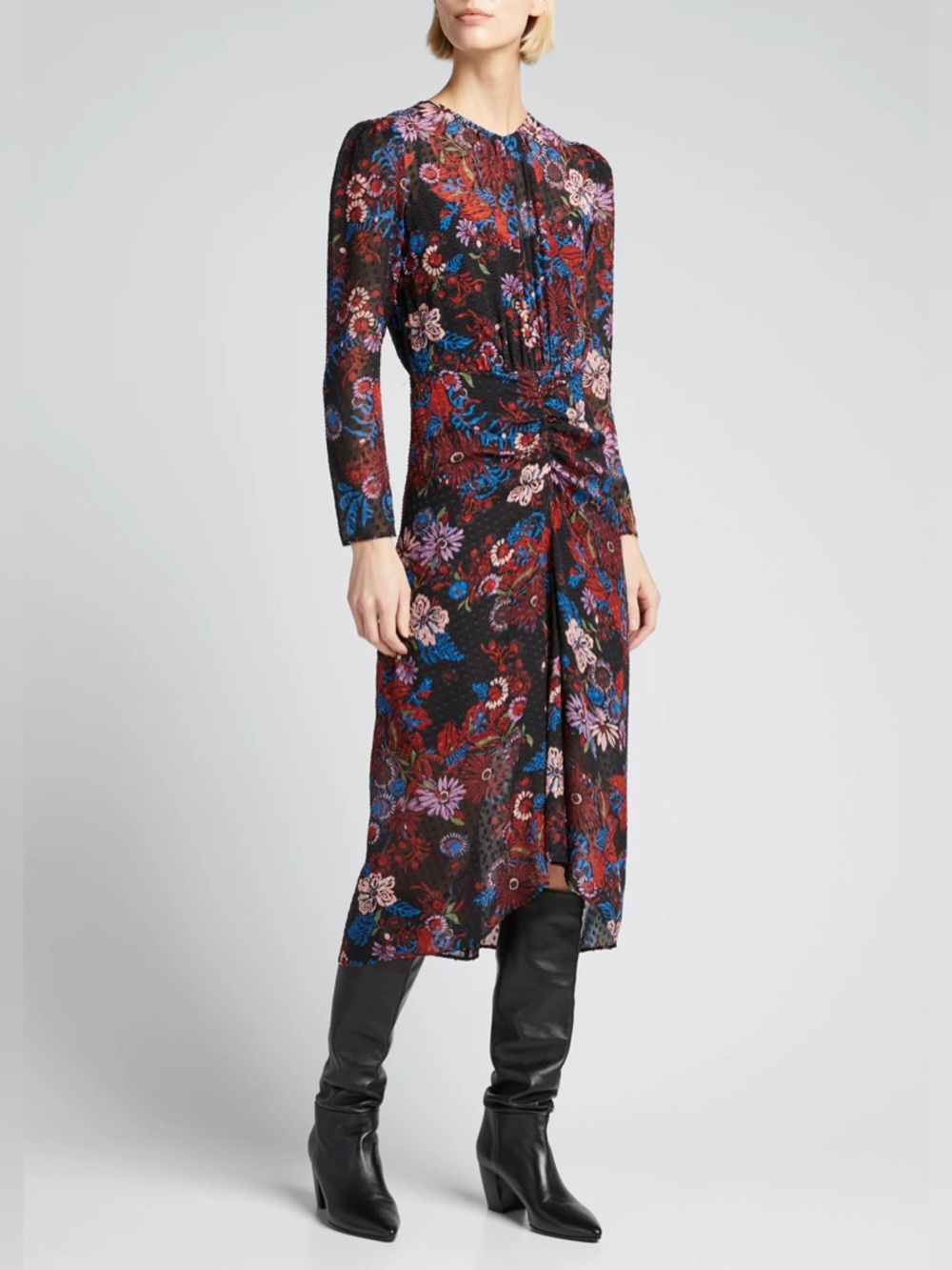 Veronica Beard Raylee Ruched Silk Midi Dress Size 8 Floral